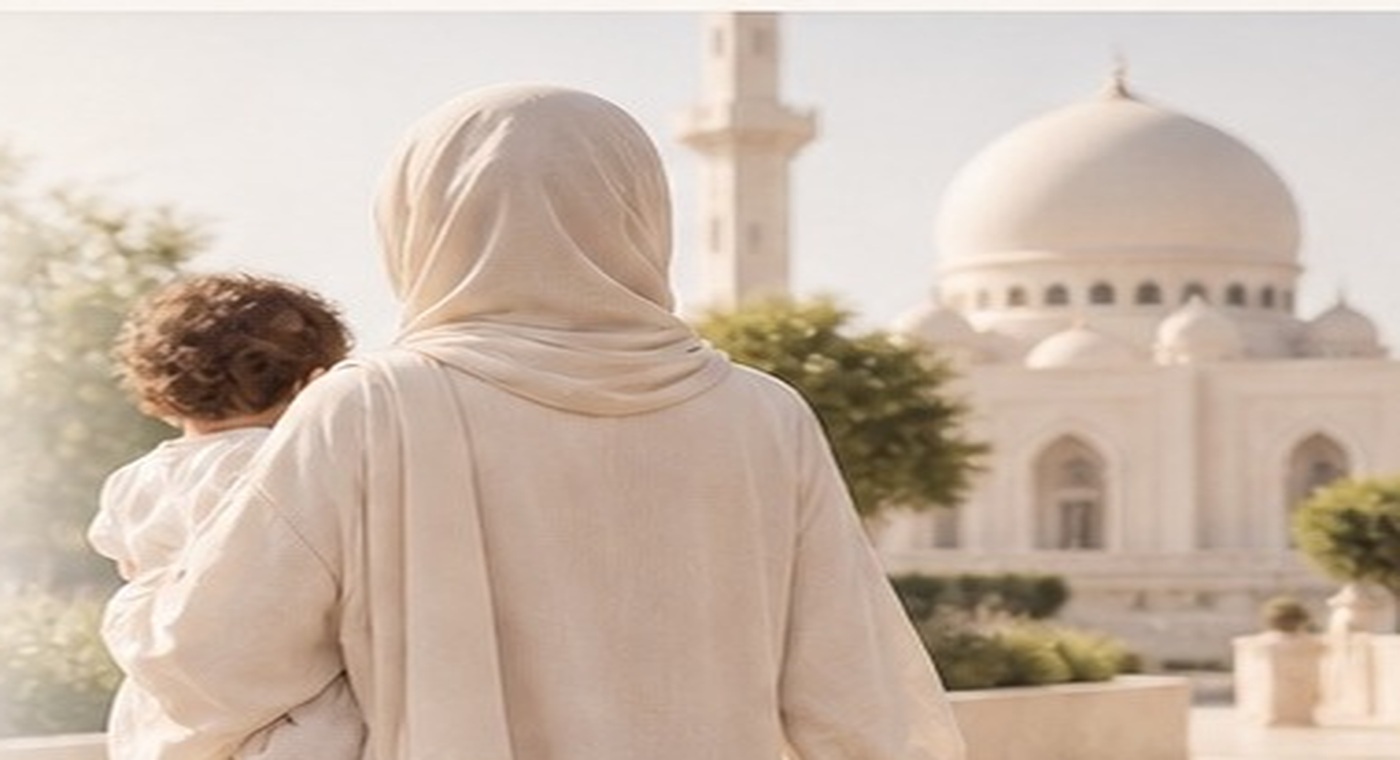 Famille devant une mosquée